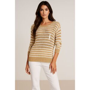 LOFT BEIGE & WHITE OPEN KNIT COASTAL CASUAL CLASSIC SWEATER SIZE: MP NWT